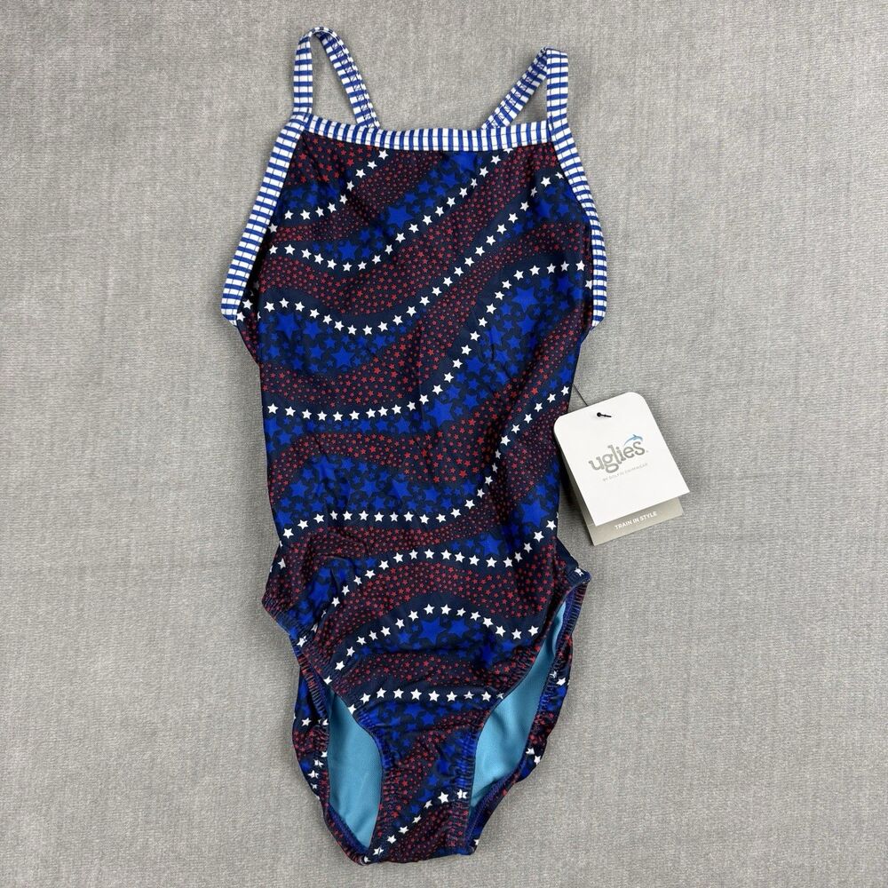 Uglies By Dolfin Swimwear Women's 28 Red White Blue Stars One Piece Swimsuit